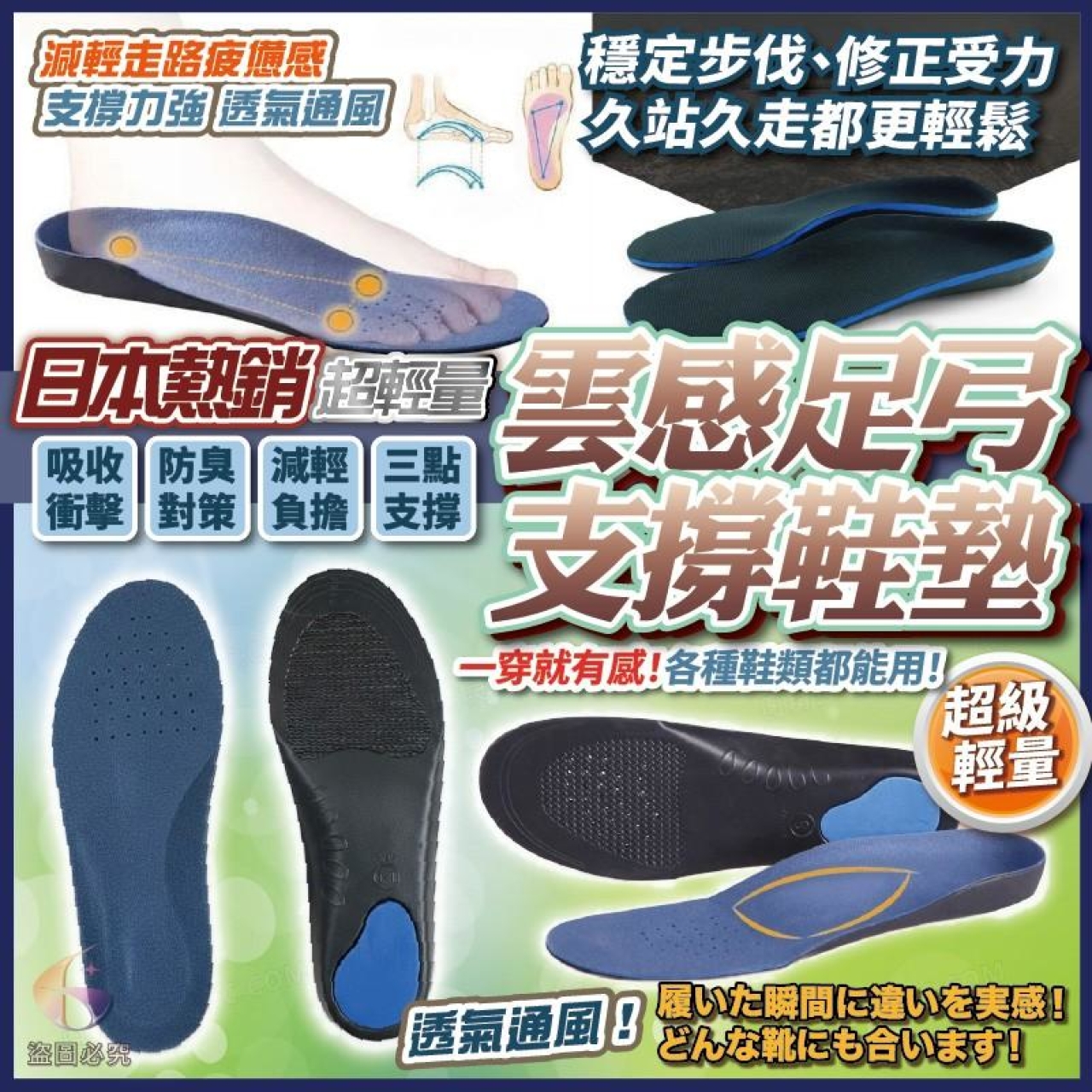 (2雙)日本熱銷 超輕量雲感足弓支撐鞋墊