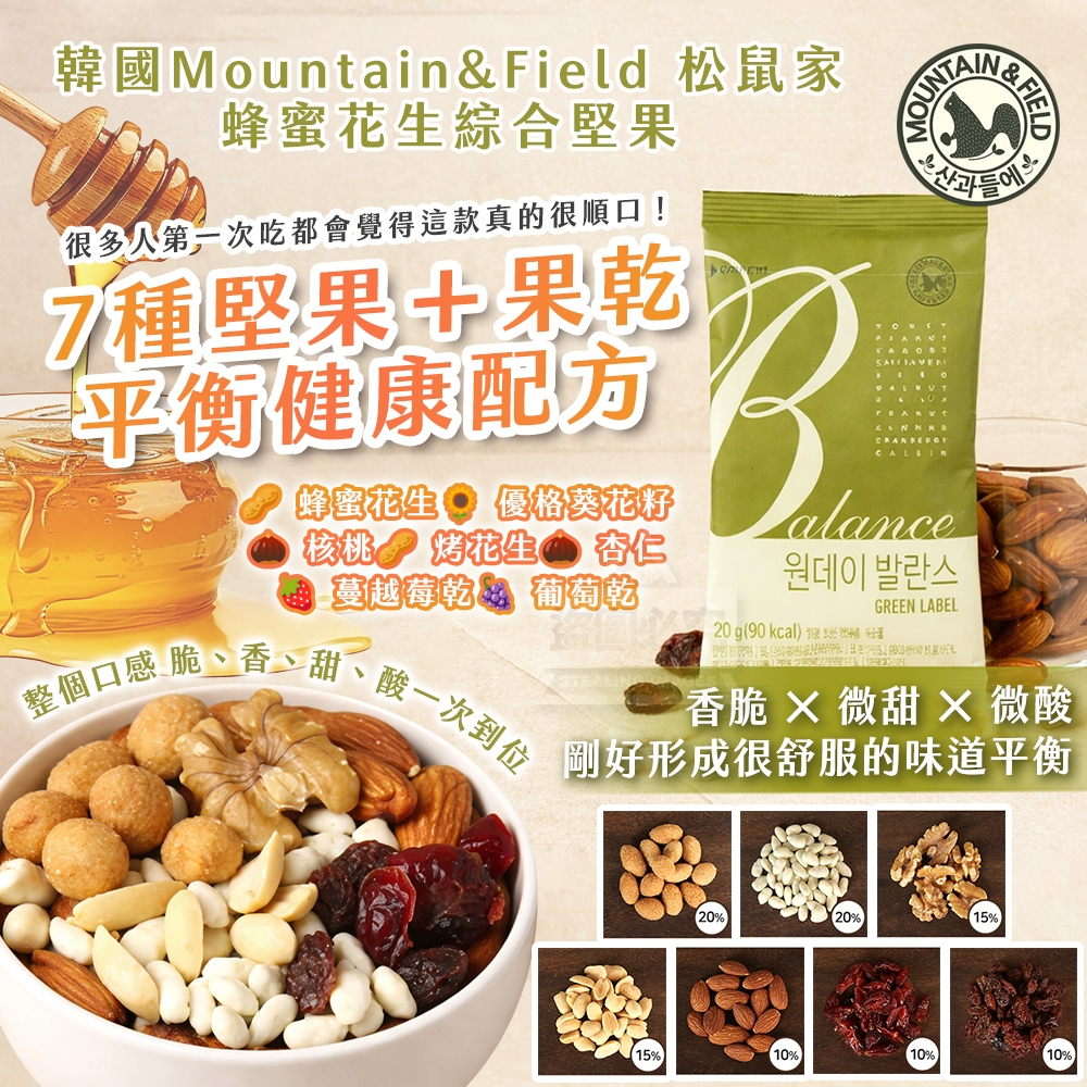 (4包)韓國製造 Mountain&Field 松鼠家 蜂蜜花生綜合堅果