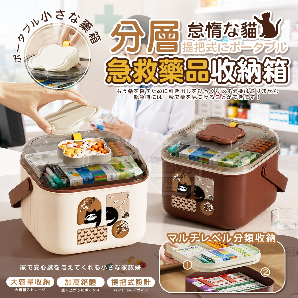慵懶貓咪多用途分層提把式急救藥品收納箱