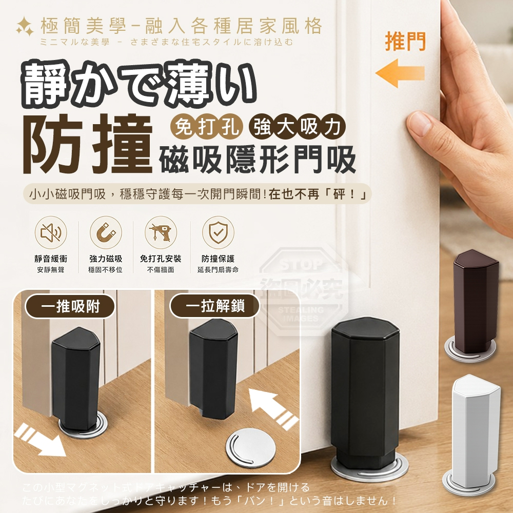 (2個)極簡美學免打孔靜音薄型防撞磁吸隱形門吸