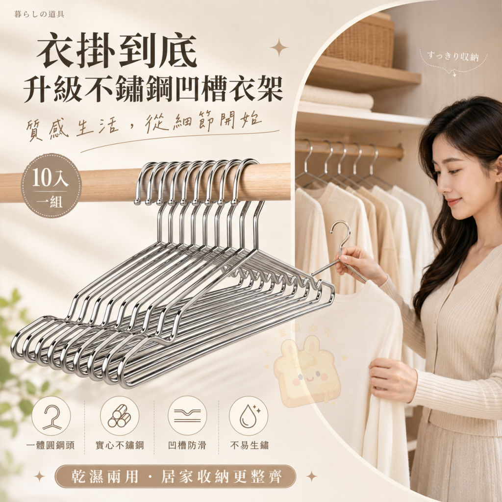 衣掛到底升級不鏽鋼凹槽衣架10入