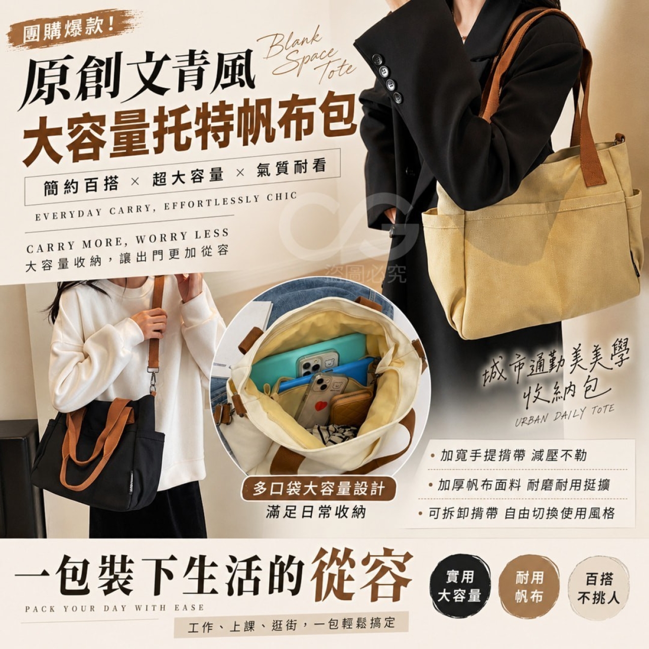 原創文青風大容量托特帆布包