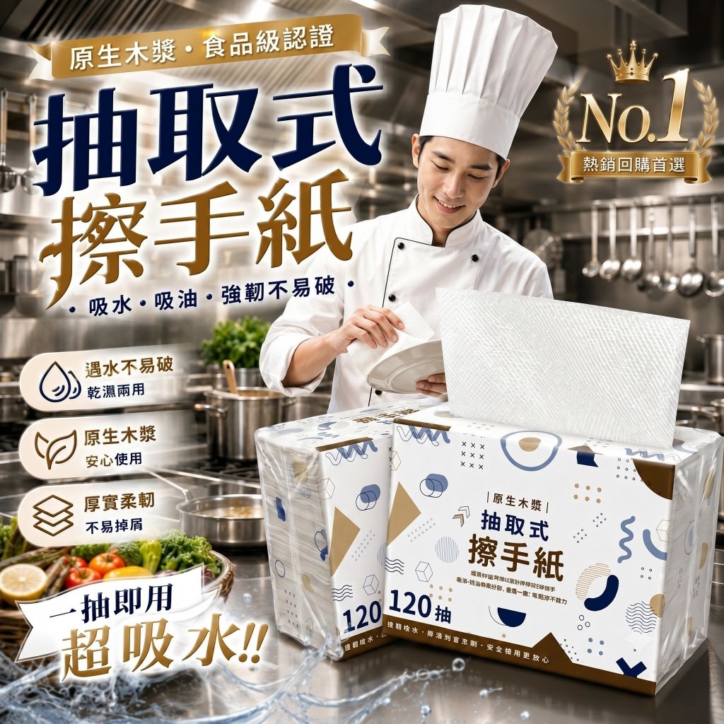 (5包)日本職人推薦款厚實耐擦不破原生木漿超吸水擦手紙120抽
