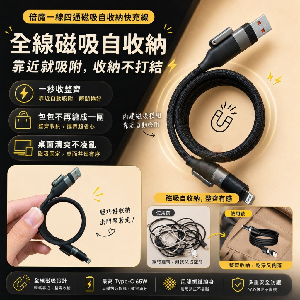 倍魔一線四通磁吸自收納快充線