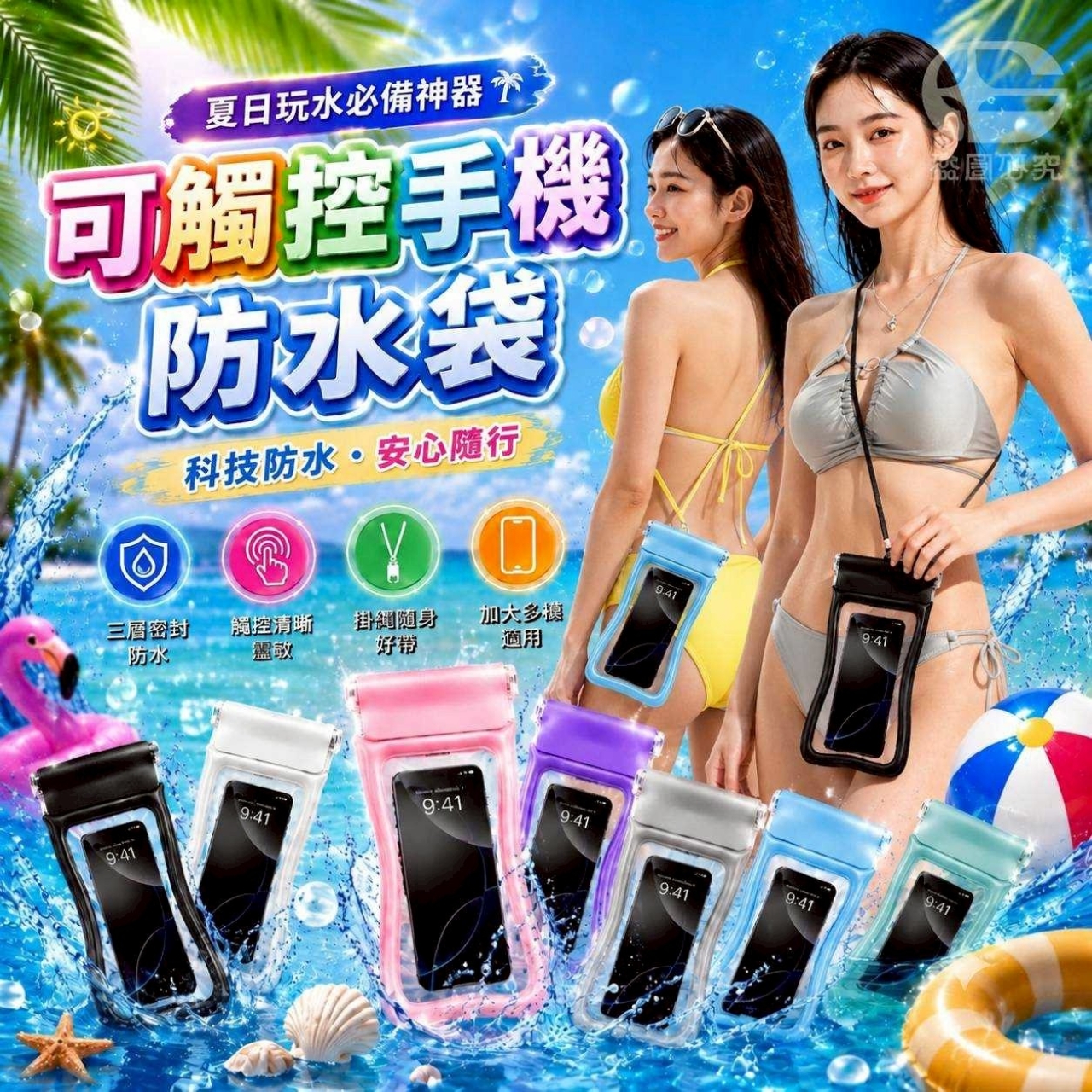 (2個)三層密封可觸控手機防水袋