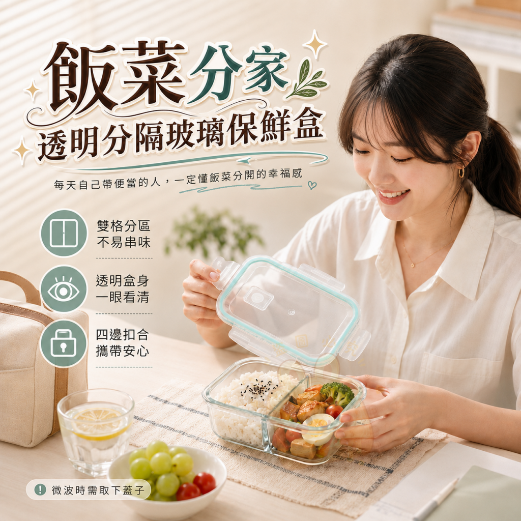 飯菜分家透明分隔玻璃保鮮盒