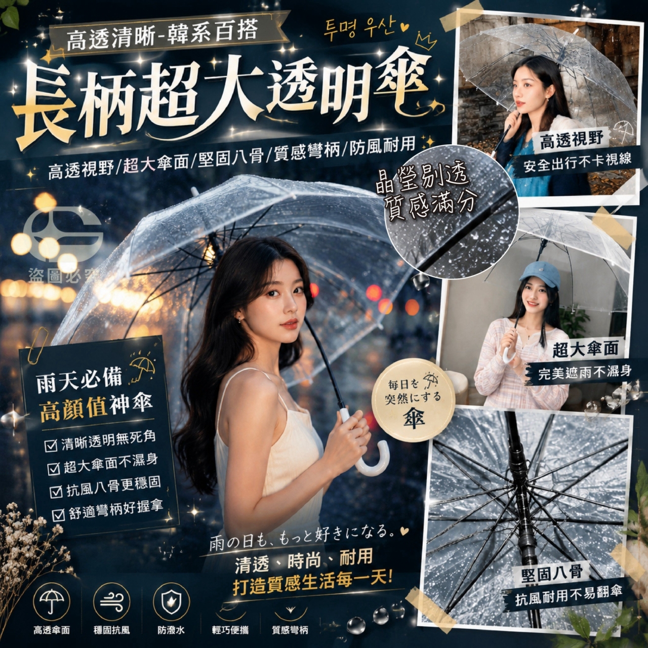 高透清晰 韓系百搭長柄超大透明傘