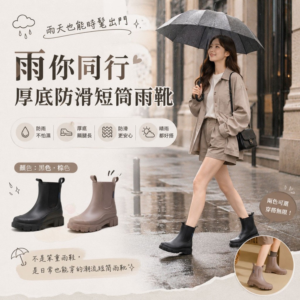 雨你同行厚底防滑短筒雨靴