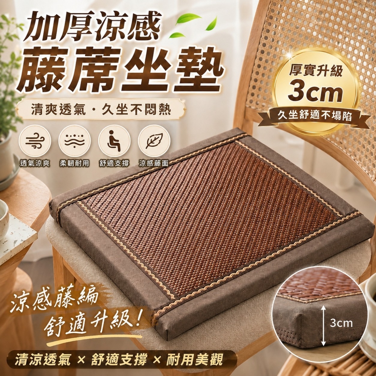 坐八小時也不累 加厚3CM涼感藤蓆坐墊40cm