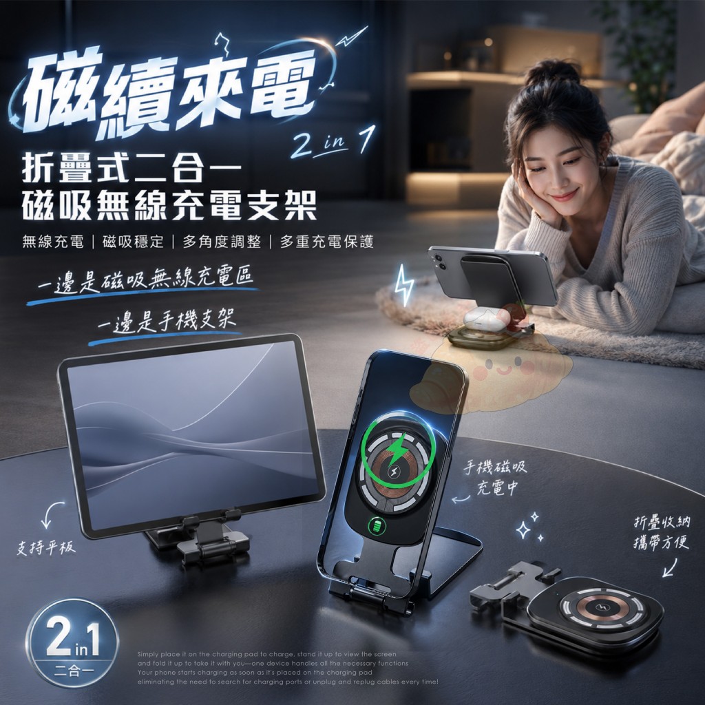 磁續來電折疊式二合一磁吸無線充電支架