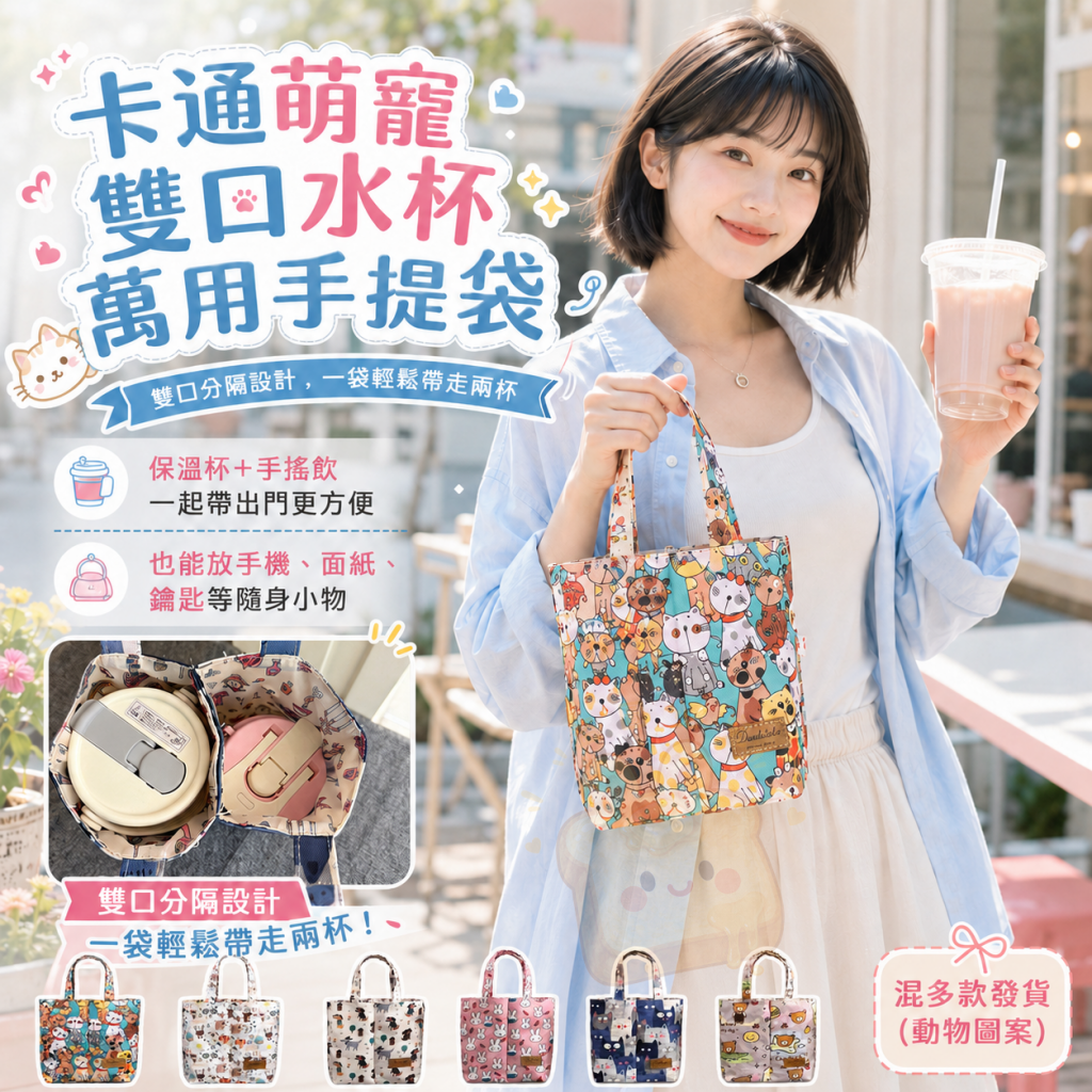 卡通萌寵雙口水杯萬用手提袋