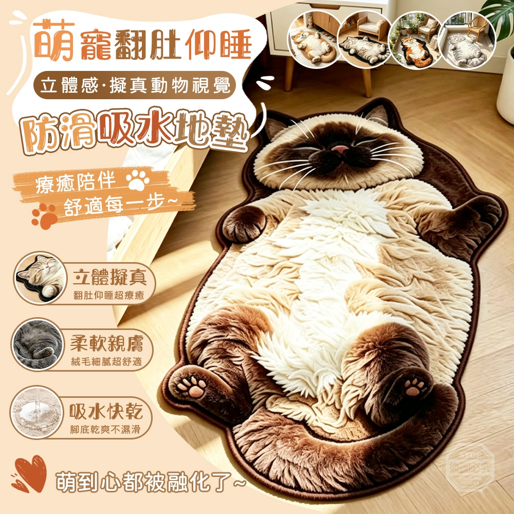 (2個)萌寵翻肚仰睡立體感擬真動物視覺防滑吸水地墊
