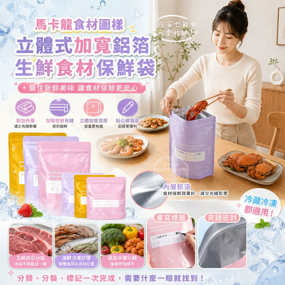馬卡龍食材圖樣立體式加寬鋁箔生鮮食材保鮮袋20入