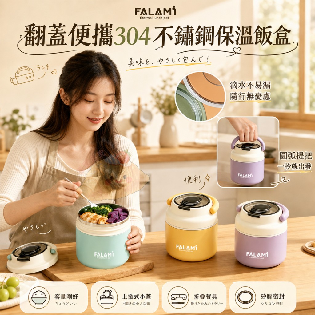 FALAMI翻蓋便攜304不鏽鋼保溫飯盒
