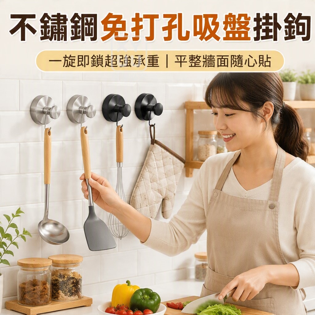 (4個)不鏽鋼免打孔吸盤掛鉤