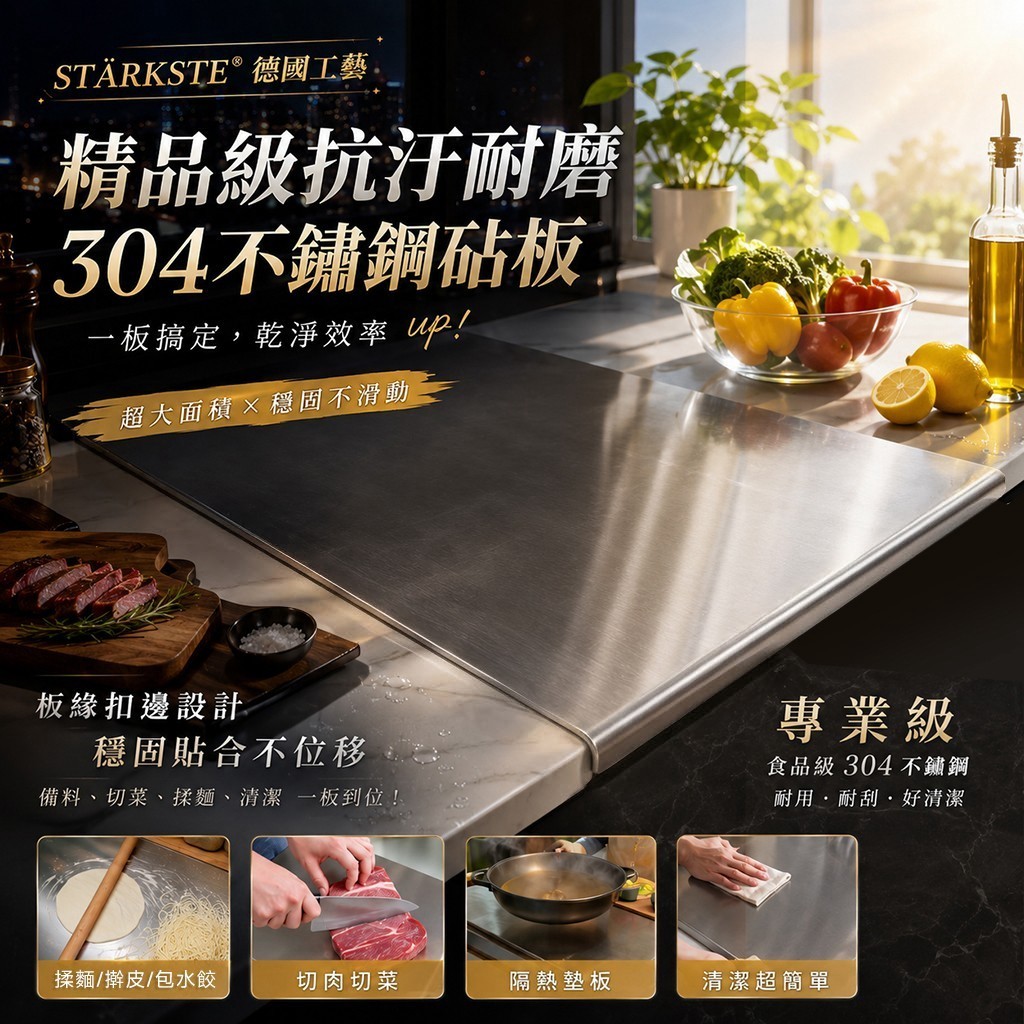 STÄRKSTE®德國工藝 極簡美學 精品級304不鏽鋼砧板 獨家贈送兩片防滑墊