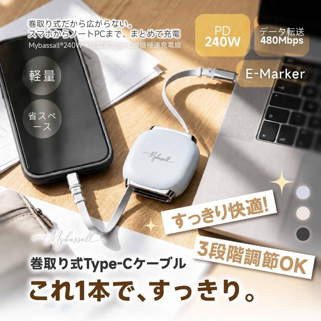 Mybassall® 240W一拉即收 Type‑C伸縮極速充電線